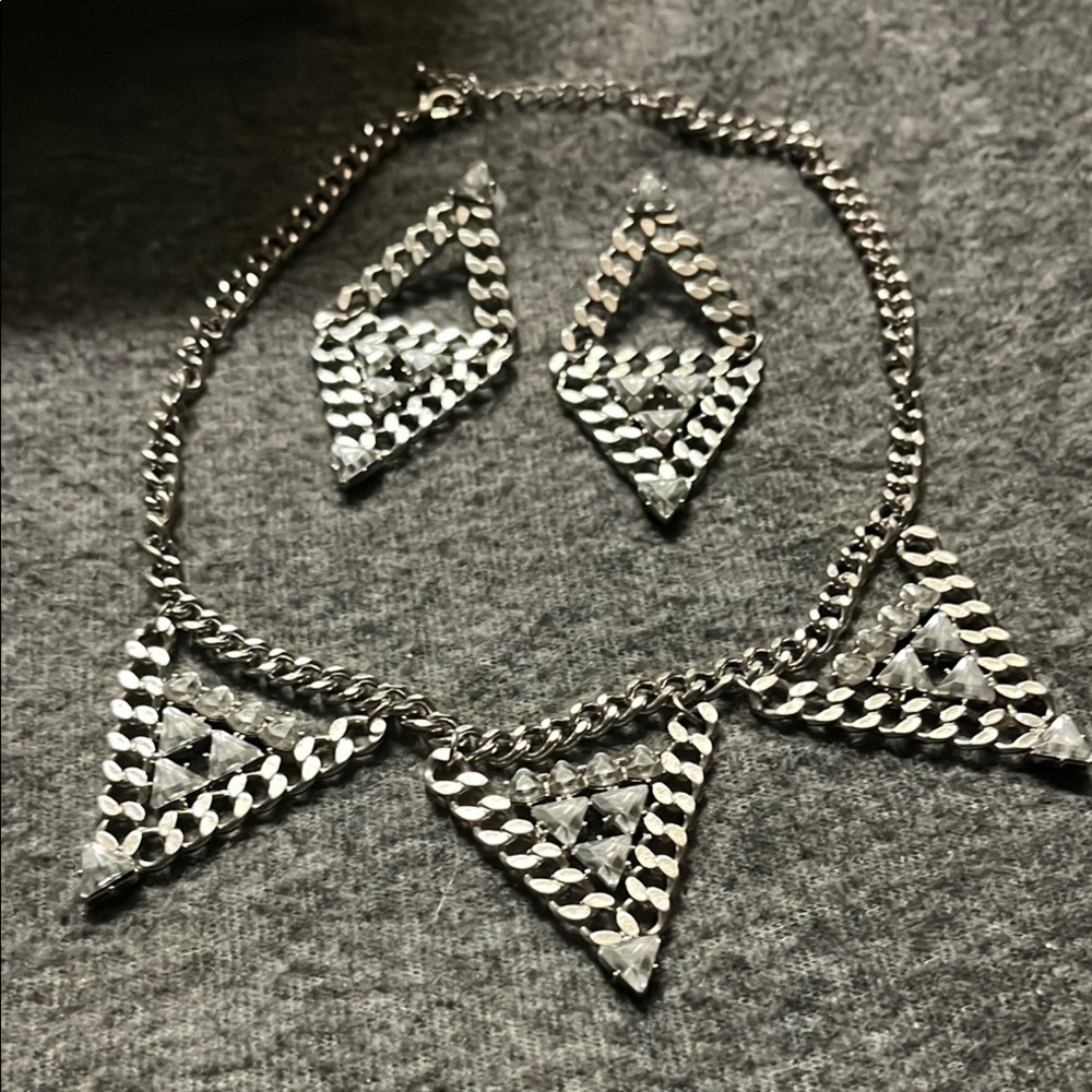 Silver Geometric Necklace and Earring Set
